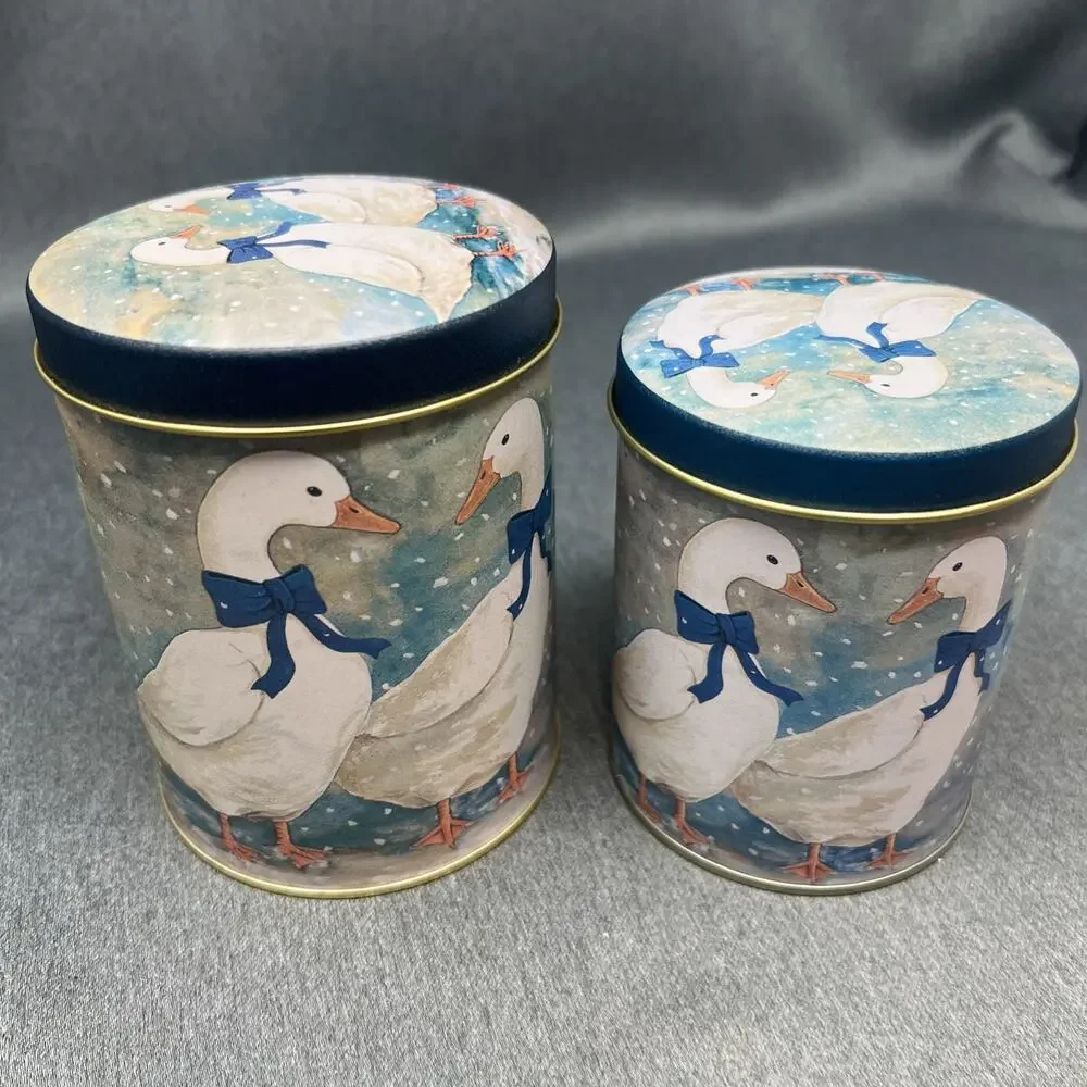 2pc Vintage 1980s Country Geese Nesting Metal Tin Canisters Blue Bow